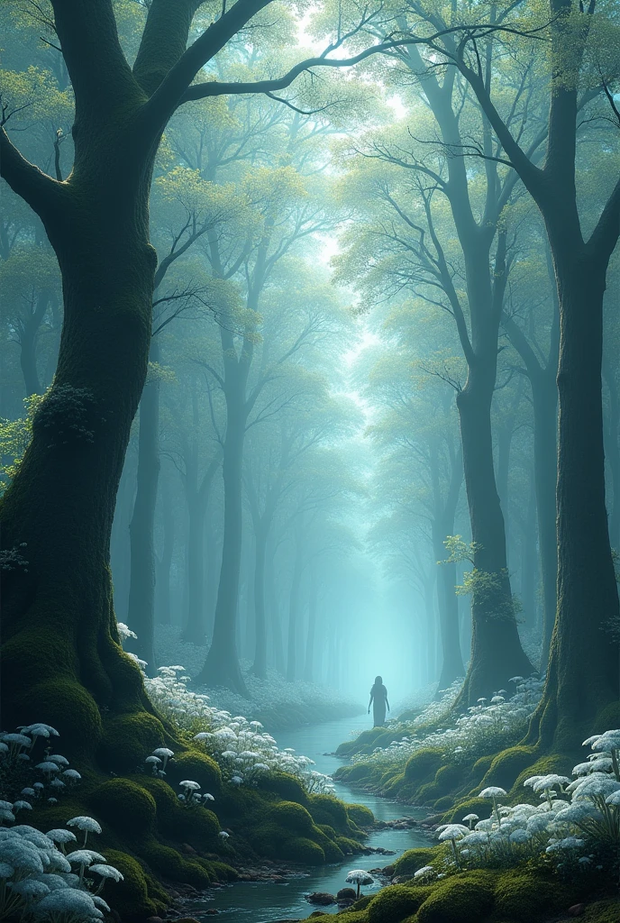 Forest with trees with leaves are white