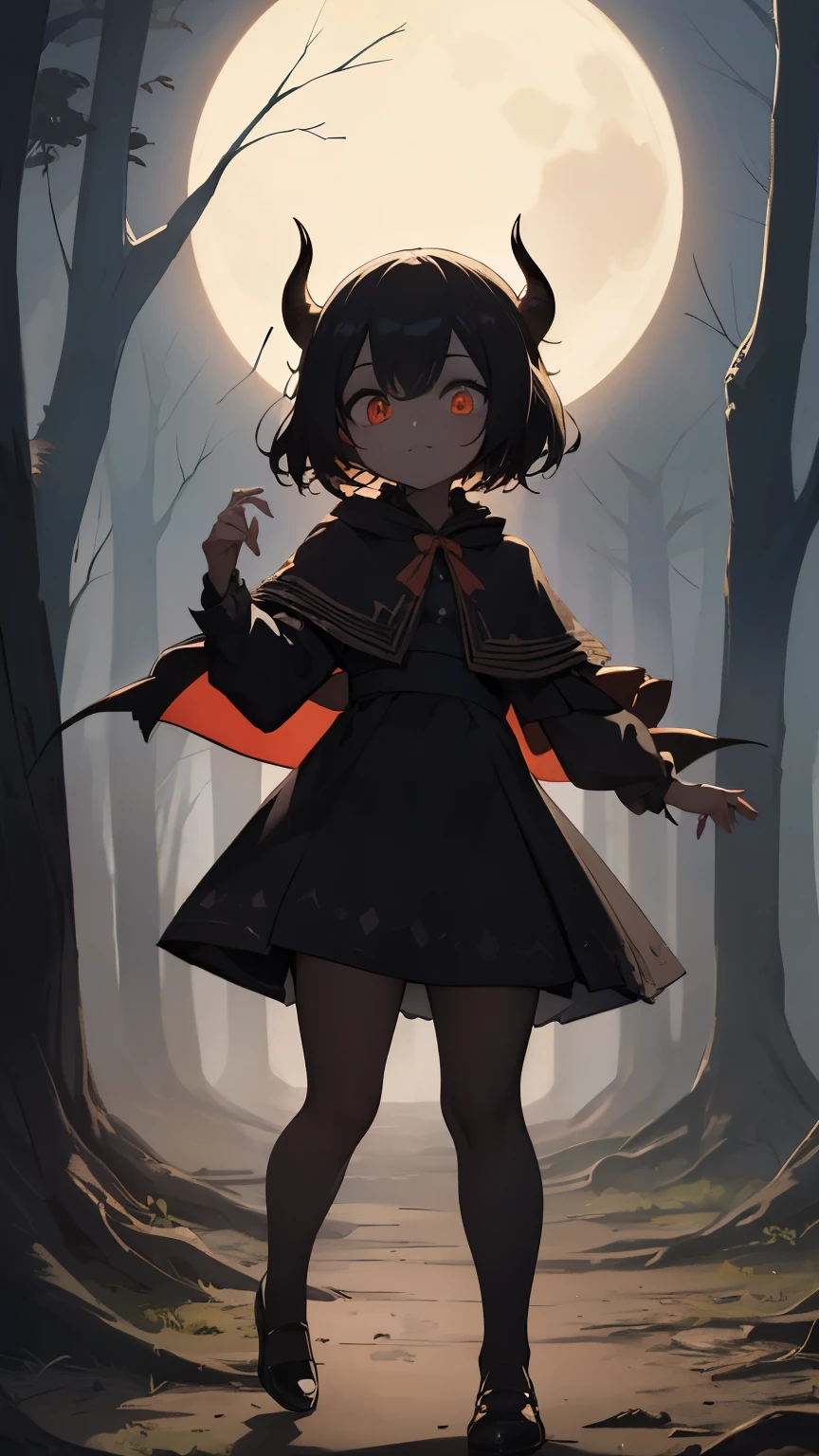 8k,wallpaper of extremely detailed CG unit, masterpiece,hight resolution,top-quality,top-quality real texture skin,hyper realisitic,increase the resolution,RAW photos,best qualtiy,highly detailed,the wallpaper,cinematic lighting,ray trace,golden ratio, BREAK ,solo,1girl\((devil:1.6),cute,(dancing:1.4),evil smile,pure black skin,bags under eyes,long eyebrow,big eyes,chibi,long nail,orange eyes,hair,(looking down herself:1.3),wearing capelet\((very big:1.5),(very long:1.3),(traditional_patterned:1.2)\)\), BREAK ,background\((full moon),music notes, (dead trees:1.3), in the forest,shadow_pappet\(crow\)\),(long shot),(wide shot),(dynamic angle),full body