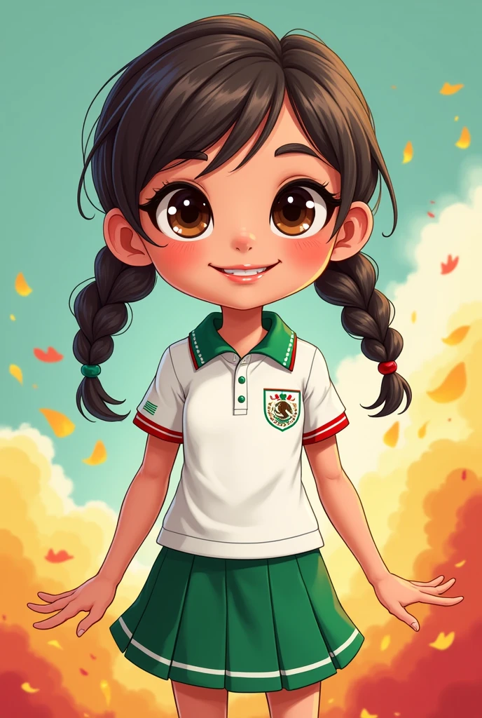 Cartoon girl wearing Mexico sports uniform white polo shirt and green skirt