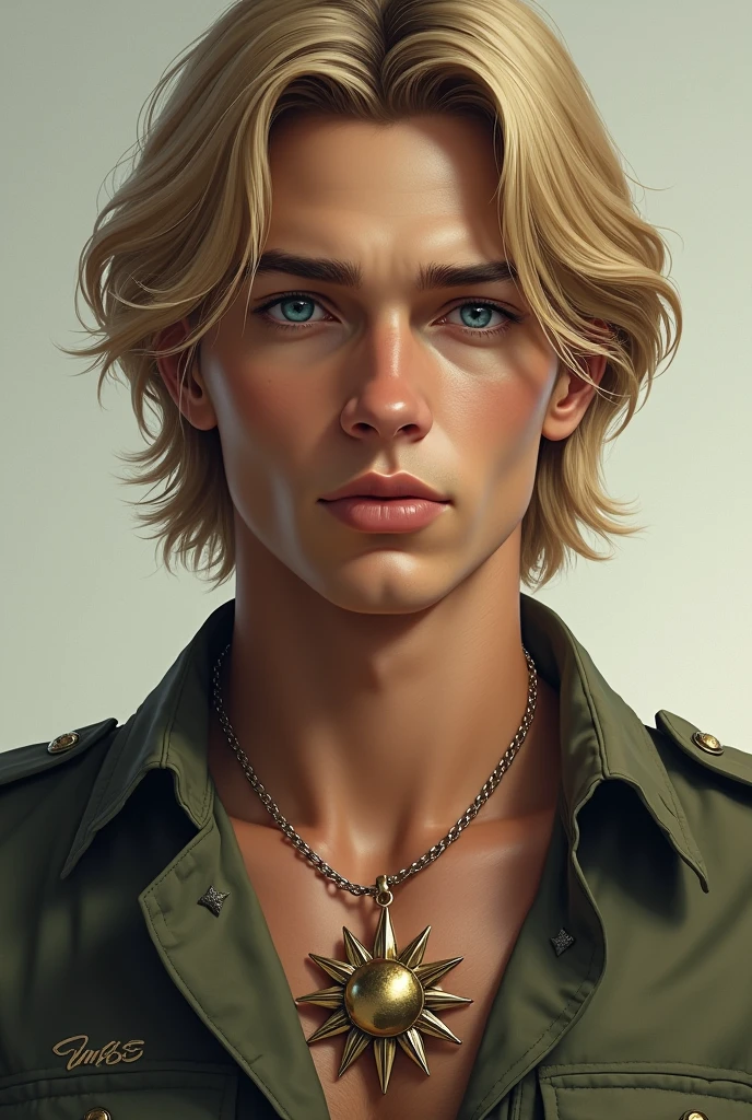 create a realistic image of a young military man with slightly long blond hair and blue eyes with a sun necklace around his neck