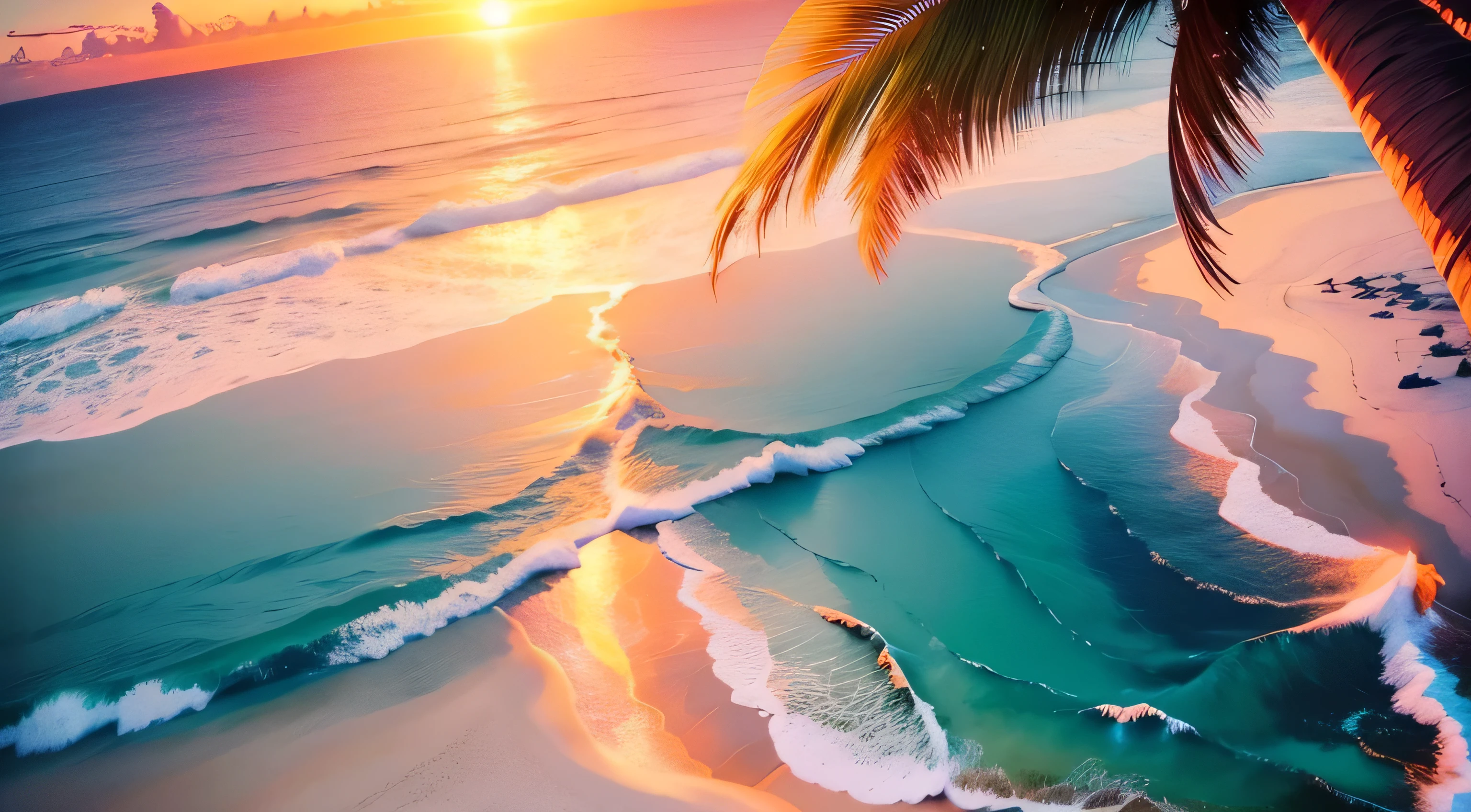 Aerial view of the beach with palm trees and the sunset, Tropical Beach paradise, Beach Sunset Background, Tropical paradise, Colorful sunset, Photo of a beach at sunset, Beautiful sunset, Beach Sunset, pink reflections, Breathtaking colors, Pink Sunset, Tropical Beach, Beach Sunset, Amazing sunset, Beautiful sunset glow, Pastel Sunset, Beautiful background