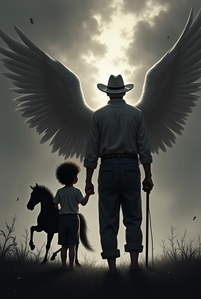 black and white silhouette, 7 year old boy, dark brown curly hair. The child has a wooden horse in his hand. He takes his dad's hand, 70 years old, short hair, with a white cattle hat. Dad is levitating towards the sky. The dad is an angel, He has wings on his back. Dad and son stand with their backs turned looking towards the horizon. dark fantasy scene