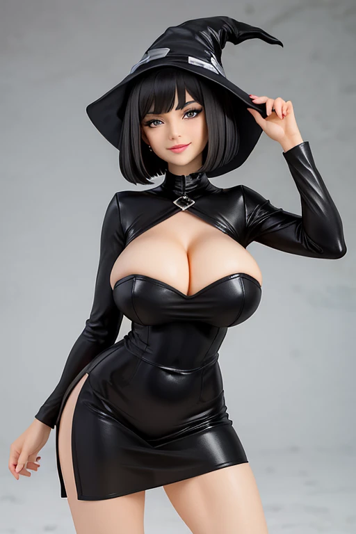 witch, sexy pose, big breasts, black sexy dress, black air, black witch, bob haircut, smile, mature woman