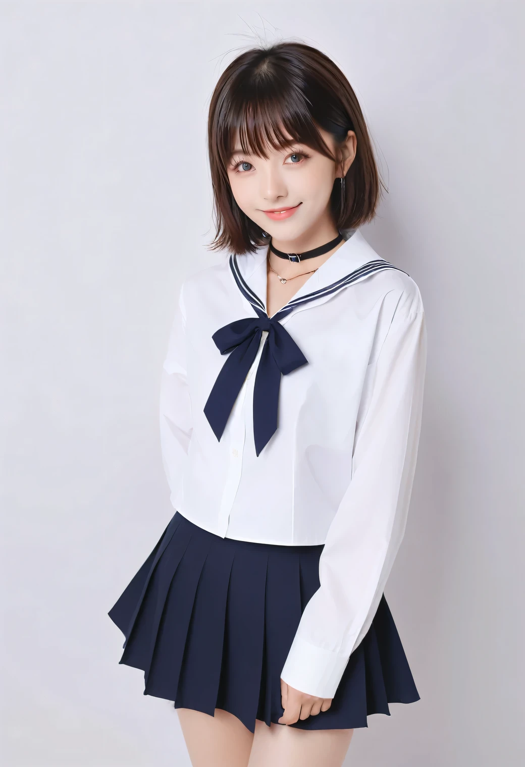 Highest quality、masterpiece、Group photo、((Layered Haircut)),(8k,Highest quality),Full Body Shot,Shot from medium distances,School classルーム,student,class,class,Open-collar shirt、Wear a JK skirt,Full body photo、 Adorable, smile, length, Brown Hair, 32K, masterpiece, Best image quality,Ultra-high resolution,Perfect hands,Black choker、blue eyes、bangs、Very lush and long eyelashes、uniform、 School、Summer clothes、((Big Breasts))