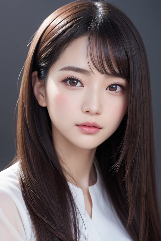 High-quality, ultra-realistic portraits。She has strong eyes and a beautiful face.。The facial contours are sharp、Gives an intelligent impression。Eyes are large、Her deep eyes are impressive、Eye makeup is done in a natural way。The nose is high、In a smooth manner、The lips are natural in colour and have a moderate thickness.。The skin is transparent、Has a healthy glow。Makeup is natural、Use a subtle lip color。The lighting is soft and natural.、Accentuating facial features、Does not emphasize shadows。The background is simple and has a blurred gradient.、Focus on the face。