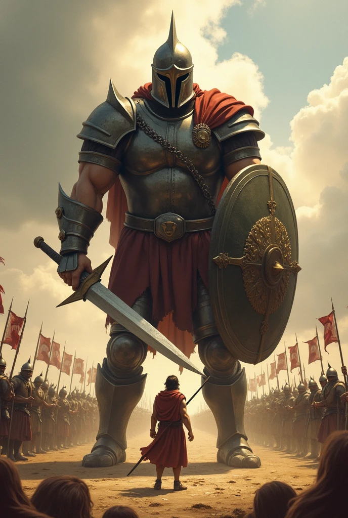 David facing the giant Goliath who was well armed with a sword, spear, shield, and when David was only with a sling before a great army
