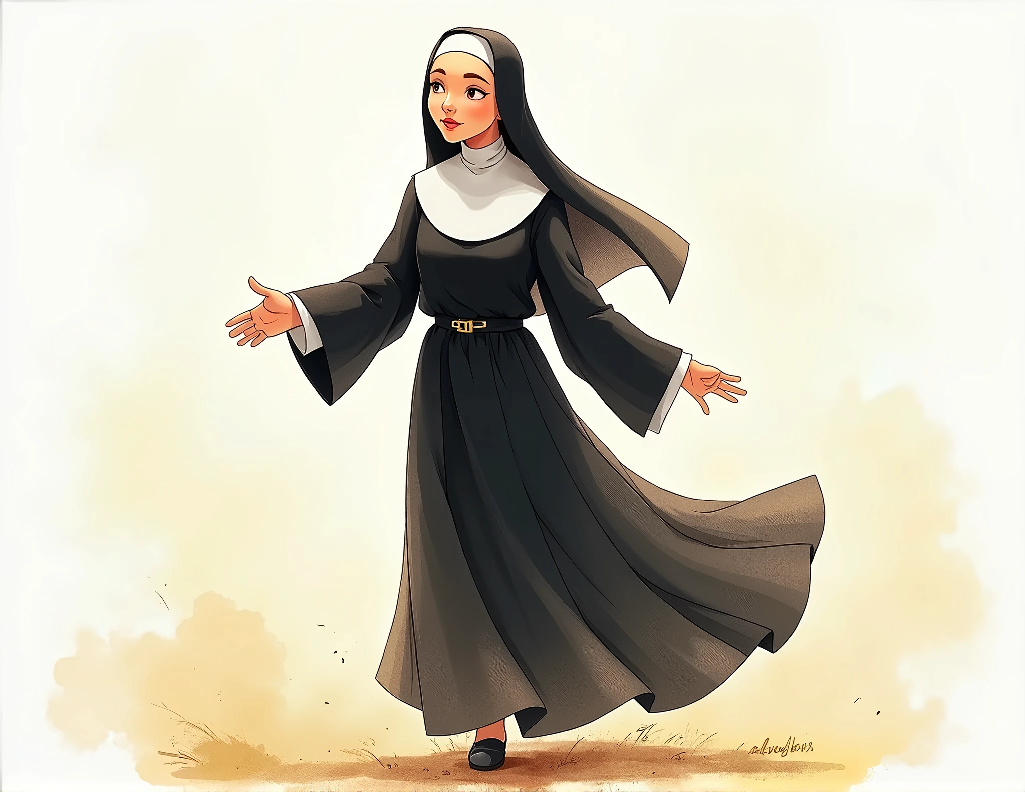 Nun painted in watercolor style animated full body