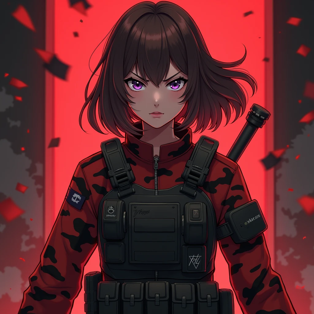 Girl, brown hair, purple eyes, cool haircut, military outfit, red and black camouflage, bulletproof vest, slightly angry, tactical stance, anime