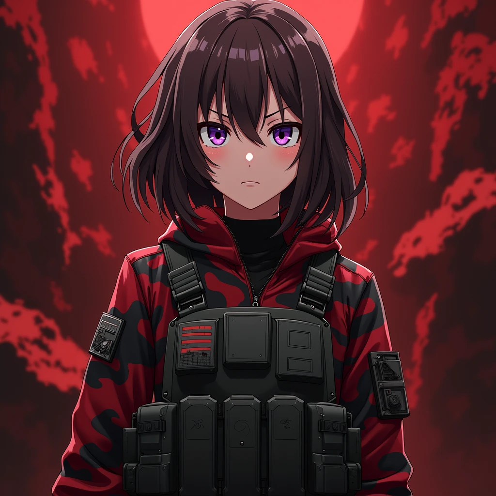 Girl, brown hair, purple eyes, cool haircut, military outfit, red and black camouflage, bulletproof vest, slightly angry, tactical stance, anime