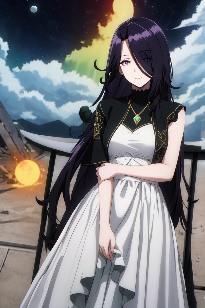 ((masterpiece, high quality, best quality, highres)):1.2, battlefield,  smile, looking at viewer, 
white and Gold embroidery dress, Gorgeous dress,Aurora,  masterpiece ,battle,Obsidian Necklace,close to camera,midnight,red moon,stardust night,she shoot triple thunder rays to sky