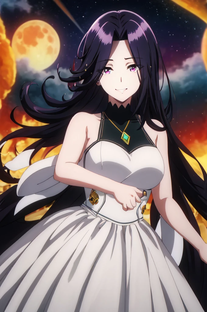 ((masterpiece, high quality, best quality, highres)):1.2, battlefield,  smile, looking at viewer, 
white and Gold embroidery dress, Gorgeous dress,Aurora,  masterpiece ,battle,Obsidian Necklace,close to camera,midnight,red moon,stardust night,she shoot triple thunder rays to sky