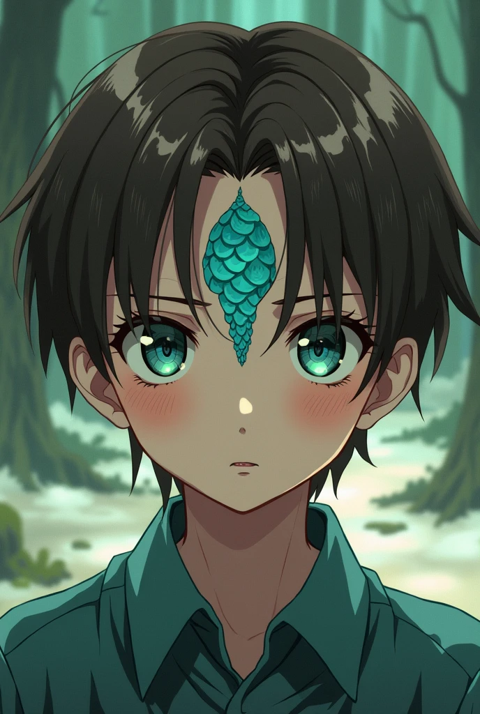 , like 8 years old. Short brown straight hair, snake-like eyes, He wears elegant but modest clothes, and in the middle of his face he has a turquoise snake scale. anime style.