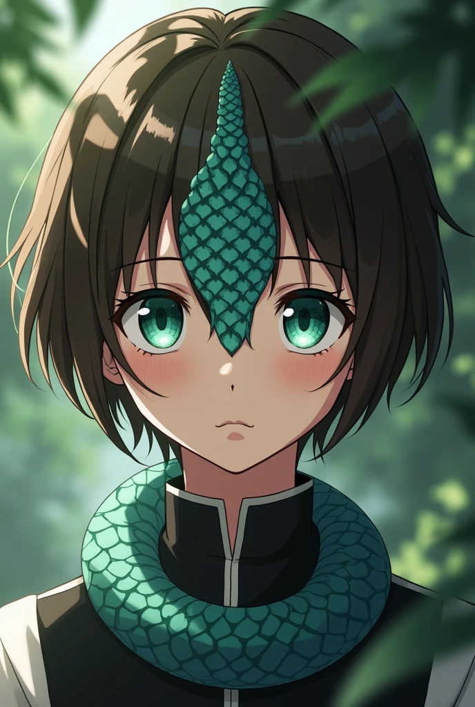 , like 8 . Short brown straight hair, snake-like eyes, He wears elegant but modest clothes, and in the middle of his face he has a turquoise snake scale. anime style.