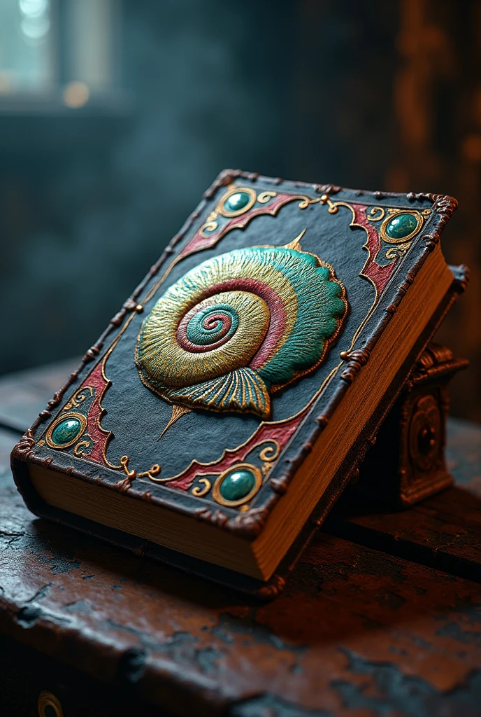 I want an old book with a colorful shell symbol along with lights and effects
