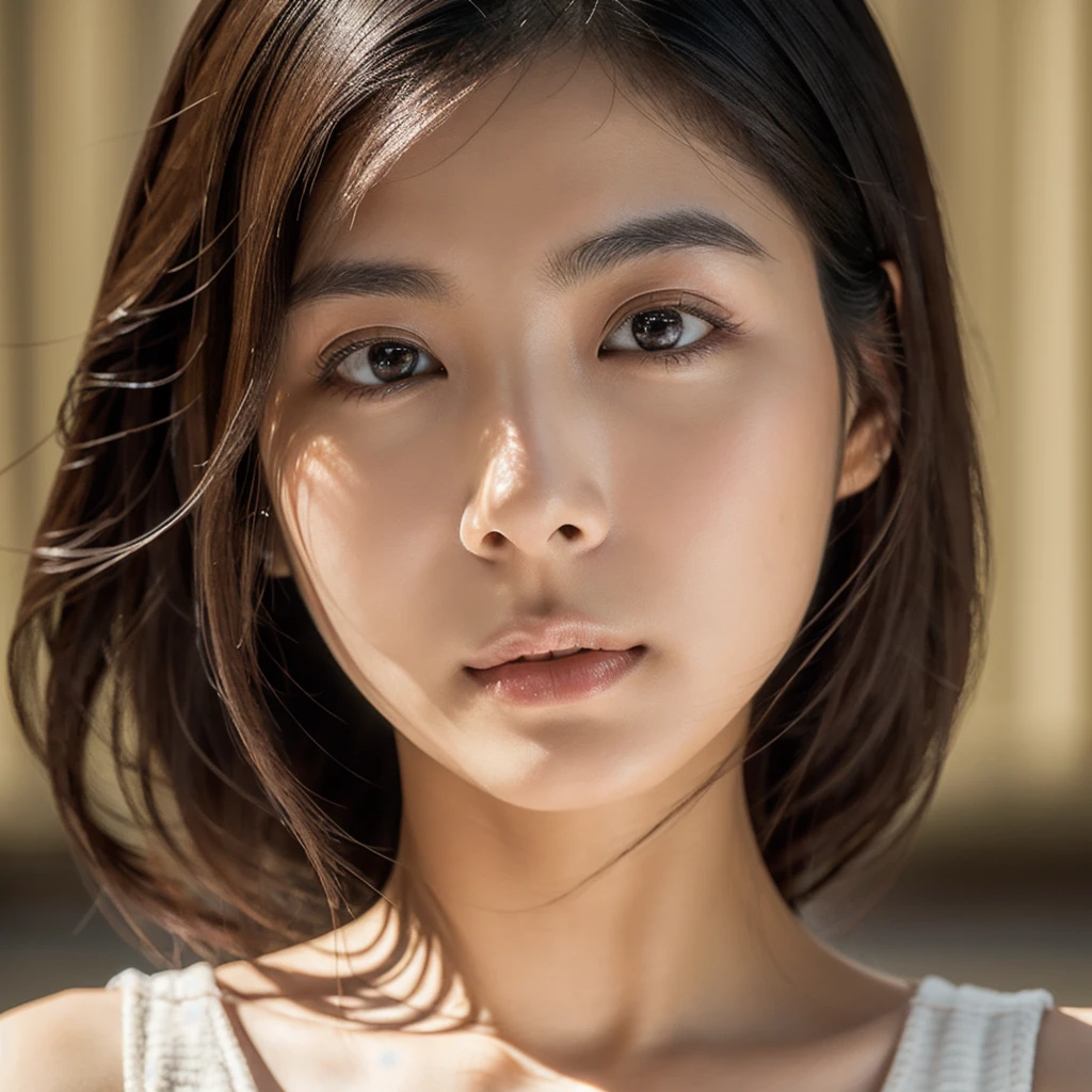 An ethereal and breathtakingly beautiful Japanese model and actress in her early 20s, depicted in an ultra-high-definition 4K close-up that reveals every intricate detail of her facial features. Her skin is hyper-realistic, showcasing a flawless complexion with a warm beige undertone that exudes a soft, natural glow. The skin texture is meticulously detailed, with visible yet refined pores, a subtle dewiness that captures the light perfectly, and a natural elasticity that conveys a soft, supple feel. Each tiny detail, from the barely-there peach fuzz along her jawline to the gentle flush of her cheeks, is rendered with astonishing precision. Her large, almond-shaped eyes are a deep, entrancing brown, with irises displaying complex color variations and reflections that give them a striking depth. The eyes are framed by perfectly arched brows and naturally curled, thick lashes that create delicate shadows on her upper cheeks. Her lips are naturally full and slightly parted, with a soft, velvety texture and a delicate sheen, capturing the light in a way that emphasizes their plumpness and smoothness. Her straight, glossy black hair frames her face, each strand individually defined, reflecting a soft, natural sheen that adds to the overall realism. The lighting is expertly calibrated, using a combination of diffused natural light and soft fill light to enhance the contours of her face, creating subtle, realistic shadows and highlights that bring out the texture of her skin and the depth of her features. Her expression is serene and confident, with a slight, enigmatic smile that adds an aura of sophistication and allure. The overall composition is designed to evoke a sense of ethereal beauty, with every element, from the finest details of her skin to the gentle fall of her hair, crafted to surpass human perception in realism.
