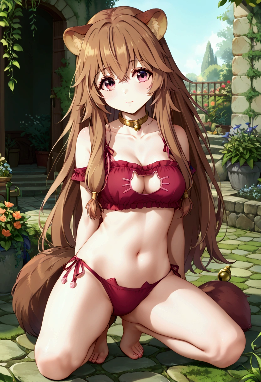  score_9,score_8,  (((perfect face))), (medium breasts), focus breasts, full body view, {looking at viewer},(brown hair), (bangs), (long hair), (animal ears), (raccoon ears), (raccoon girl), (raccoon tail), 1girl, raphtalia, (pink eyes), (detailed eyes), (perfect Eyes), garden, cleavage, outdoors, (cat lingerie:1.1), (red lingerie:1.1)