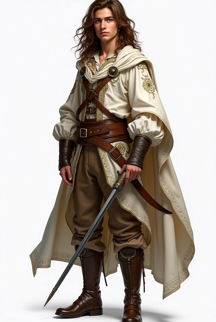 photo by full body, best qualityer, male teenager with long brown hair, details Intricate, 真实感, white and brown musketeer clothes, whole body, full body, men's boots in brown color