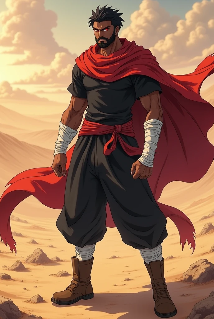 An anime character:
male gender, black short hair, short beard, Eyes red, dark brown skin.
Wears white bands tied around his arms.
His outfit is a black t-shirt, black pants, leather boots, long red scarf.
is in a fighting position.
the background is in the desert.