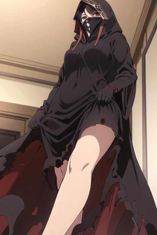 NNAssassinFSF, 1girl, solo, black hair, red eyes, long cape sleeves, sleeves covered hands, long skirt, no hands, dress, long cape, cape, black cloak, hood up, black robe, covered mouth, white gloves, hooded cloak, ((masterpiece, best quality)) rooms, bedroom, from below 