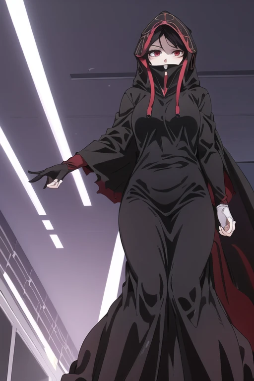 NNAssassinFSF, 1girl, solo, black hair, red eyes, long cape sleeves, sleeves covered hands, long skirt, no hands, dress, long cape, cape, black cloak, hood up, black robe, covered mouth, white gloves, hooded cloak, ((masterpiece, best quality)) rooms, bedroom, from below