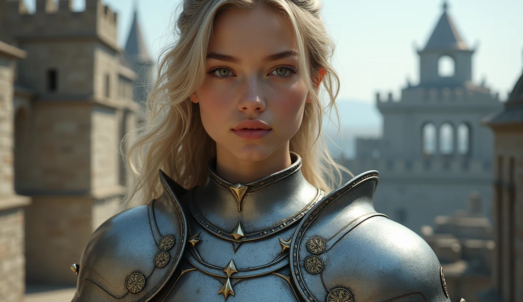 ((best quality)), ((masterpiece)), (detailed),beautiful girl, perfect face, beautiful eyes, lips, pale skin, wearing knight armor, stone buildings background