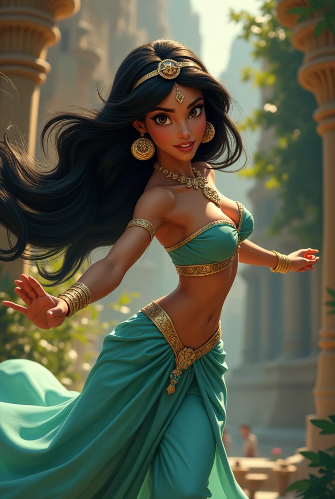 Stunning Princess Jasmine, photo in 8k, in action, cinematic.