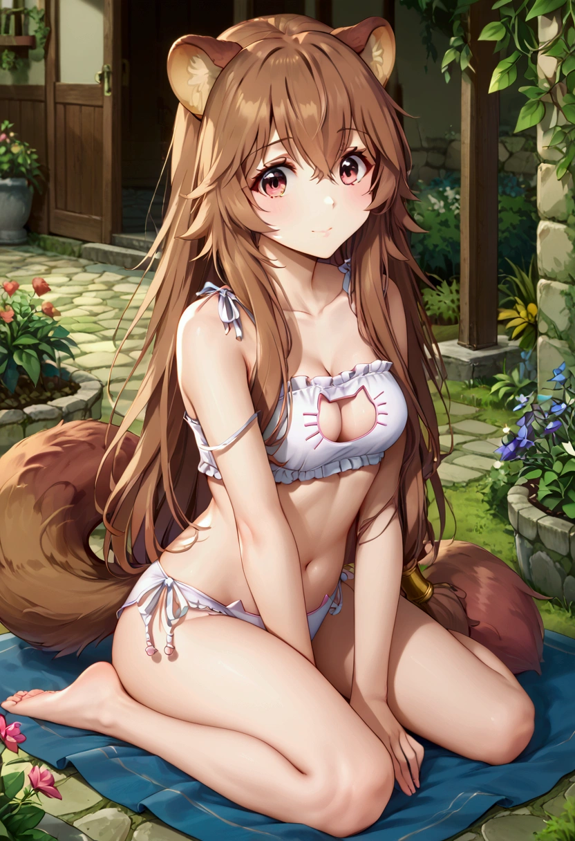 score_9,score_8, (((perfect face))), (medium breasts), focus breasts, full body view, {looking at viewer},(brown hair), (bangs), (long hair), (animal ears), (raccoon ears), (raccoon girl), (raccoon tail), 1girl, raphtalia, (pink eyes), (detailed eyes), (perfect Eyes), garden, cleavage, outdoors, (cat lingerie:1.1), (white lingerie:1.1)