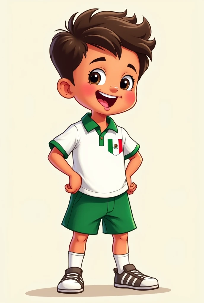 Cartoon boy wearing Mexico sports uniform white polo shirt and green shorts