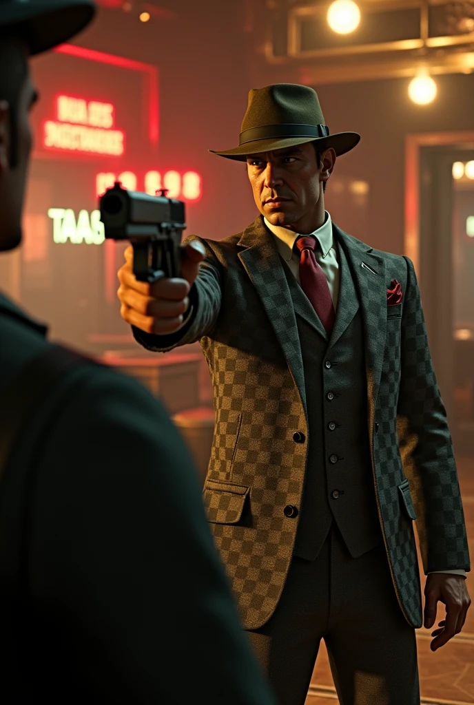 Benny from Fallout New Vegas shooting the game's protagonist