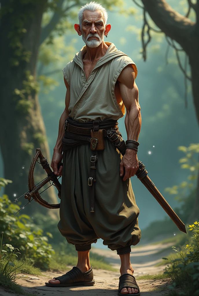 One meter and 1 man,80 white hair:ALL WHITE short stretched nose: up to the body: thin but fit well defined cut scar on left eyebrow, even close to the cheek BEARD:GOATBEARD ONLY UNDER THE CHIN AND WHITE COLOR CLOTHES: sleeveless shirt with a hand crossbow tied to the leg, monk's shoe, silver earrings, Elastic hem pants/medieval style jogger full body image, medieval style, com fundo de floresta, elemental orbs surrounding him