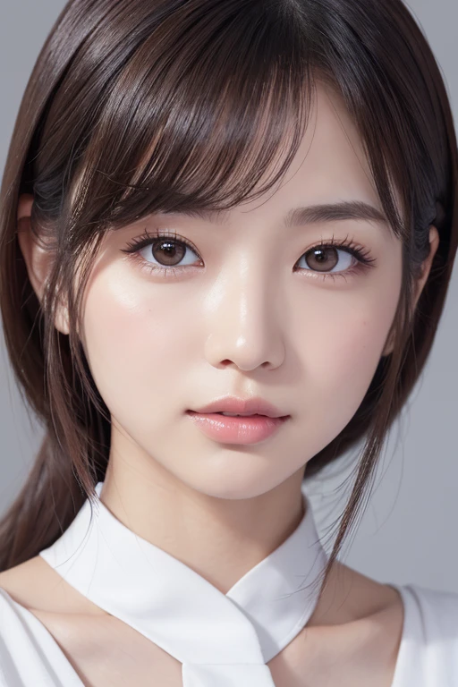 High-quality, ultra-realistic portraits。She has strong eyes and a beautiful face.。The facial contours are sharp、Gives an intelligent impression。Eyes are large、Her deep eyes are impressive、Eye makeup is done in a natural way。The nose is high、In a smooth manner、The lips are natural in colour and have a moderate thickness.。The skin is transparent、Has a healthy glow。Makeup is natural、Use a subtle lip color。The lighting is soft and natural.、Accentuating facial features、Does not emphasize shadows。The background is simple and has a blurred gradient.、Focus on the face。