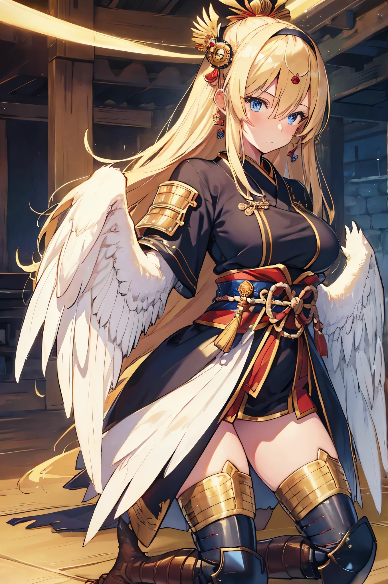 4K,High resolution,One Woman,Harpy,bionde,long hair,Blue eyes,Big Breasts,White Wings,Golden toenails,Samurai,白色のSamuraiの鎧,Full Armor,hair band,Jewelry decoration,Medieval village