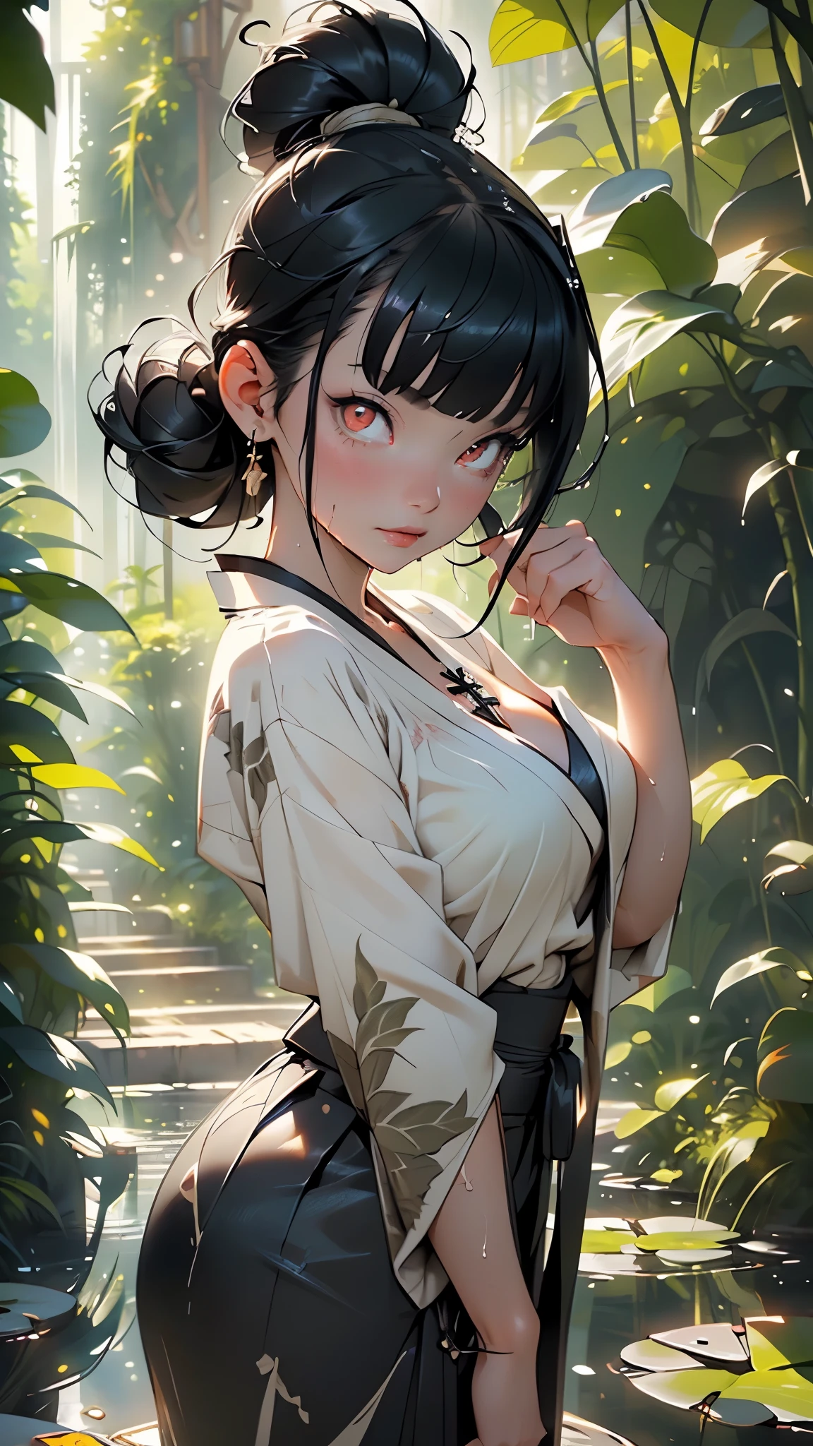 japan girl from ancient Japan,1girl,
(large breasts:1.4),((((hair tied back and bangs hanging,black hair,colored inner hair)))),(((red_eyes:1.3))),intricate eyes,beautiful detailed eyes,symmetrical eyes,(deep red eyes), (glowing eyes:1),
insane void, glowing eyes, horror \(theme\:1.2),((((lustrous skin:1.5,tanned skin,bright skin: 1.5,skin tanned,shiny skin,very shiny skin,shiny body,Reflective skin)))),(spider lower abdomen,narrow waist,wide hip,athletic body,inflated legs,thick thighs,(detailed face)),beautiful detailed lips,
cute,slutty,sensual,seductive look,seductive,((erotic)),opulent,sumptuous,((nsfw)),
((black kimono and Japanese warrior armor:1.2)),(kimono,half-naked kimono:1.5),(White headband:1),(Cross necklace:1.5),(((wet clothes))),
(flirtatious pose:1.3), looking at viewer,embarrassed,centered,scale to fit dimensions,Rule of thirds,
outdoors,(waterfall,bamboo,river,bamboo forest,japanese temple,red lanterns burning,temple in the forest,mossy stairway in the temple,dilapidated temple,bamboo sanctuary,),scenery,extremely scenery,(puddles everywhere,moss,moss on the background),clouds,lily pads,(sunset, golden hour),
(Glossy Egyptian ornaments),highres,sharp focus,(ultra detailed,extremely detailed),(photorealistic artwork:1.37),(extremely detailed CG unity 8k wallpaper),(((vibrant colors,vibrant theme))),(intricate),(masterpiece),(best quality),artistic photography,(photography taken by sldr),(intricate background),perfect rendered face,perfect face details,realistic face,photo realistic,((intricate detail)),(((realism))),