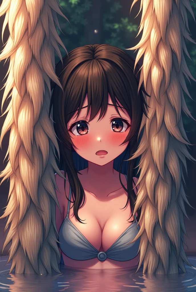 High resolution, Blushing, Crying face、despair、Highest quality, Anatomically correct, Character portrait, Swimwear、anime, Two large vertical poles、One large horizontal pole overhead、It is densely covered with colorful, fluffy, thin brush.、Being pinched and crushed、Similar to Cup Brush、They are lined up without any gaps.、The girl is stuck between the poles、Close tightly、Visible through the gap、whole body、Angle of view、After the brush、water droplets、Wide angle