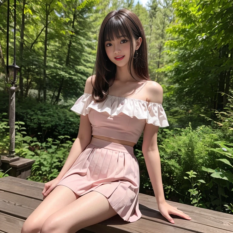long skirt,skirt,Wearing a pink pleated skirt, Wear black stockings,(knee shot), 1 female, On the face, laughing out loud, light brown hair, blunt bangs, hair behind ears, Shoulder-length hair, long hair, Slender body type, 超face slimming型, face slimming, delicate lips, beautiful eyes, Thin blush, Eyes are light brown,View here, (actual:1.3), Coniferous forest, One person's perspective, 8k, on the table, , Super detailed, high quality, best quality, High resolution, ,Large Breasts,H Cup, Off-shoulder tops,21 years old