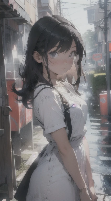(Tabletop), (Highest quality), (Ultra-detailed), (Tabletop), (hight detail: 1.2), landscape, Soft lighting, Glowing Skin, Highly detailed CG, Anime Images, High resolution, Ray Tracing, One mature woman, White maid dress, Dancing, Gazing at the sky, Wind blowing up, Glow effect, Transparent beauty, Glitter effect, rain, moisture, fog, Reflective plate、side、Shyness、first round