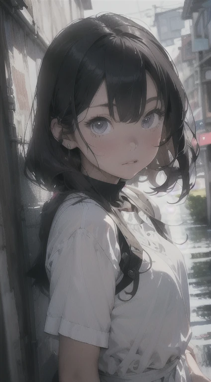 (Tabletop), (Highest quality), (Ultra-detailed), (Tabletop), (hight detail: 1.2), landscape, Soft lighting, Glowing Skin, Highly detailed CG, Anime Images, High resolution, Ray Tracing, One mature woman, White maid dress, Dancing, Gazing at the sky, Wind blowing up, Glow effect, Transparent beauty, Glitter effect, rain, moisture, fog, Reflective plate、side、Shyness、first round