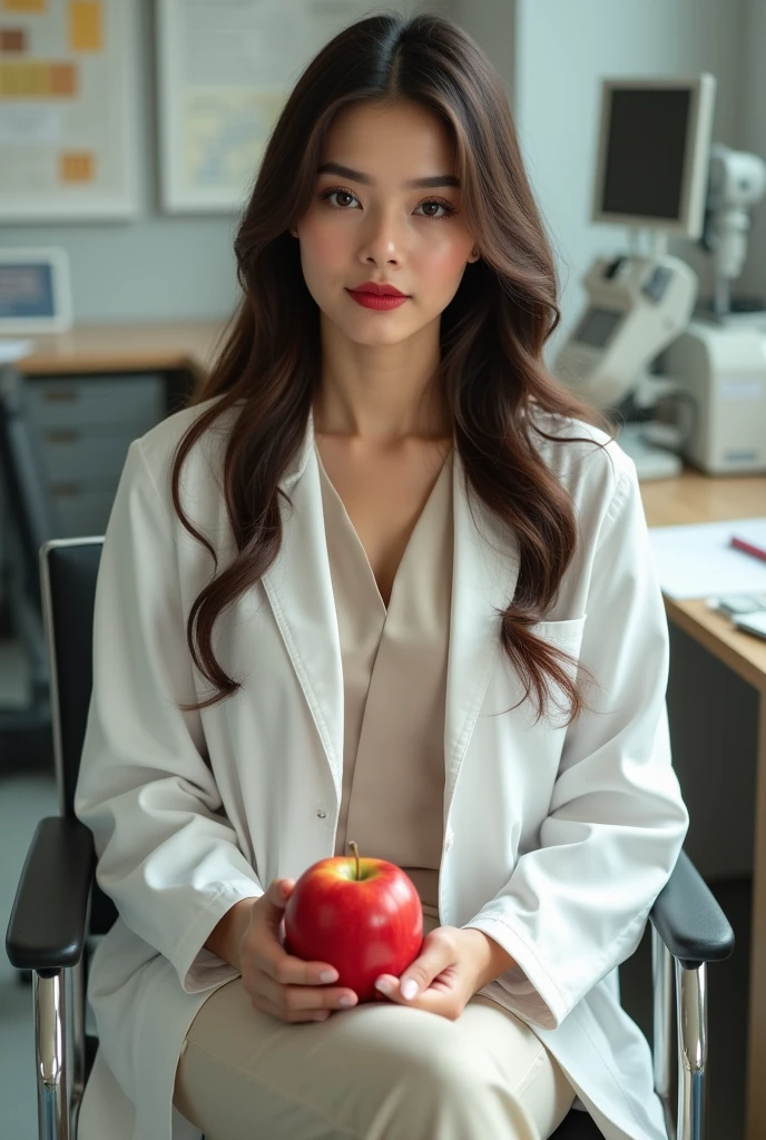 young woman, long straight hair in dark brown color, brown eyes and striking red lipstick, very fair skin and well-defined eyebrows, with the background of a Nutrition office, She is sitting on the chair and wearing an off-white blouse with a white lab coat and light-colored dress pants., Holding an apple 