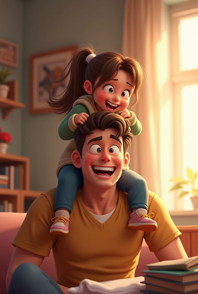 A girl with her father and the girl on top of the father