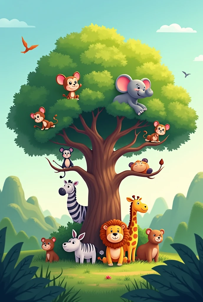 I want an animated jungle scene for my baby&#39;s room where you can see the blue sky in the background and a tree in the center with its branches extending to the sides where you can see animals like monkeys., Elephant, Lion, zebra, giraffe, Crocodile, bears and other jungle animals. The image must be wider than it is tall. 