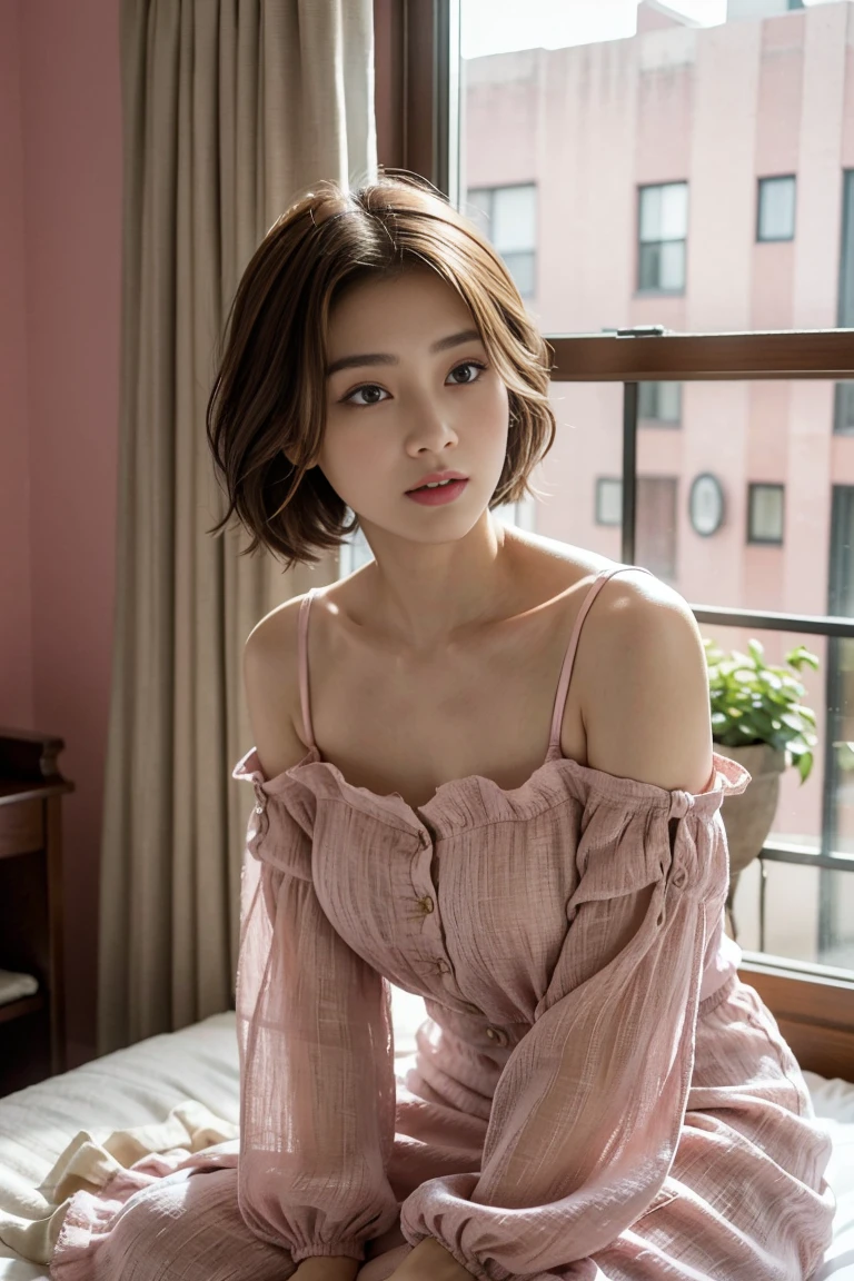 Knee to upper body、Charming woman,One person、((short))Braided Hair、((Light Brown Hair))、Japanese actress face、(Intricate details:1.2)、 (Ultra-high resolution:1.2)、Ultra-high resolution、(fine adjustment)、(Detailed facial features)、8k解像度、D cup size breasts、Large windows、Extravagant space、relax、,(Linen Open Pink Dress:1.4), 、From the window of a business hotel room、Gauze Curtain, Building from the window、Detailed Background、Diffuse sunlight、Depth of written boundary、((The setting sun shines in))、 Inside the room、(plant:0.8), diagonally from below、Chin up、relaxした表情、8k、32K、Highest quality、(Eye details)、1 person、elegant、sit、(Low - Angle、Look at this:1.2)、、looking at the camera、