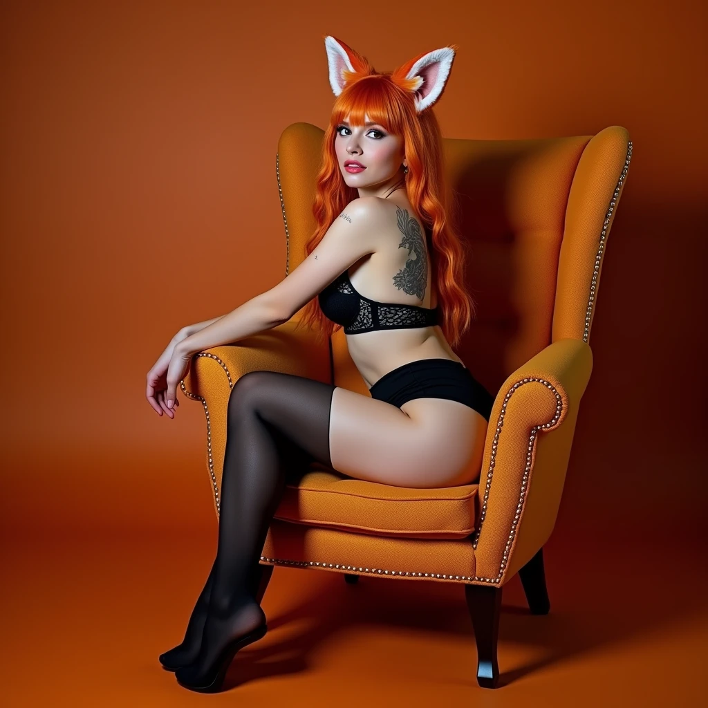 Tall slim woman, 19 years, White skin, orange hair, Long hair, long legs, Brown eyes, large eyes, pink lips, flirtatious smile, black lingerie, black knee high stockings, phoenix tattoo on back, fox ears, foxtail, in a photo studio, sitting with her back to the camera on an orange armchair, flowery, HD