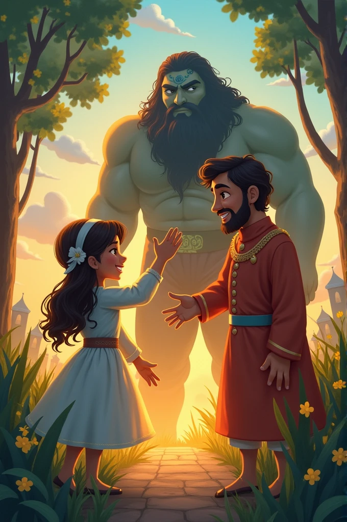 Once upon a time, in a beautiful and distant kingdom, there lived a kind-hearted prince and a wise princess. Prince Arman always found joy in helping others, while Princess Ainaaz used her intelligence to solve people's problems. Their friendship had been strong since childhood.
One day, they heard that a fearsome giant had started troubling the people near their kingdom. The giant not only damaged crops but also stole wealth from the villagers. Prince Arman decided to confront the giant, but Princess Ainaaz stopped him and said, "Strength alone can't solve every problem. We need to use wisdom."
Together, they devised a plan to capture the giant. The princess discovered the giant's weaknesses and created a magical trap that could hold him. Prince Arman set the trap in front of the giant's cave and provoked him to come out in anger.
As soon as the giant stepped out, he was caught in the trap and became helpless. Instead of killing the giant, Prince Arman said, "We don't want to harm you, but you must realize the wrong you've done. If you promise never to harm anyone again, we will set you free."
The giant realized his mistake and asked for forgiveness. He promised never to hurt anyone again and to help people instead. The prince and princess freed the giant, and he later became a good friend who always helped the people of the kingdom.
This story teaches us that wisdom and compassion are more powerful than brute strength, and that forgiveness can lead to positive change.