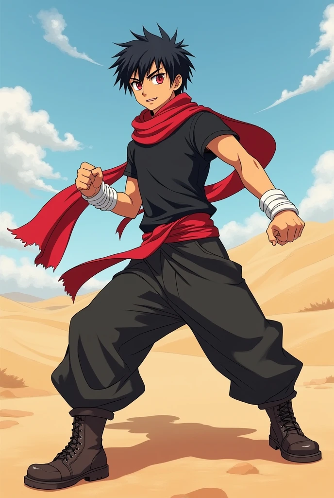 An anime character:
male gender, black short hair, short beard, Eyes red, brown skin color.
Wears white bands tied around his arms.
His outfit is a black t-shirt, black pants, leather boots, long red scarf.
is in a fighting position.
the background is in the desert.