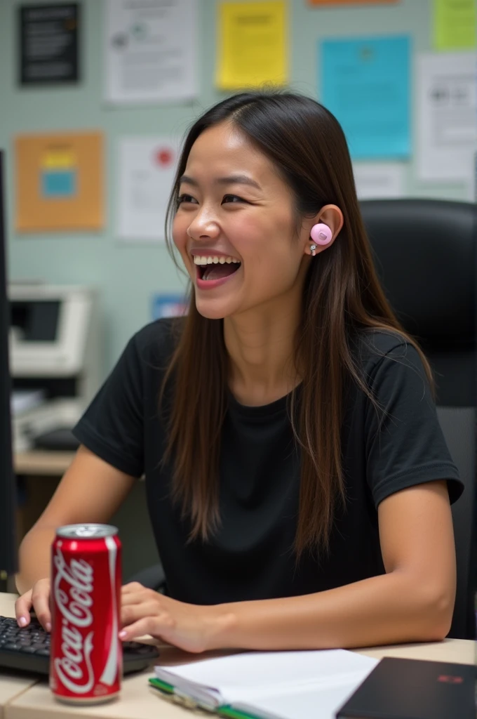 Create an image that will be used as a cake topper, focus on the main visual elements you described: - The front desk, with long straight hair below the breasts - Wearing a black t-shirt - Sitting in an office chair, eagerly, in front of a computer but smiling. - Using small wireless earbuds that look like pink hearing aids that only cover your ears, indicating that you are on a call. - An open can of Coca-Cola Zero on the table next to the keyboard. - in the image you can see papers and notepads, a printer, a diary and a black notebook - SHE IS FOCUSED ON THE COMPUTER