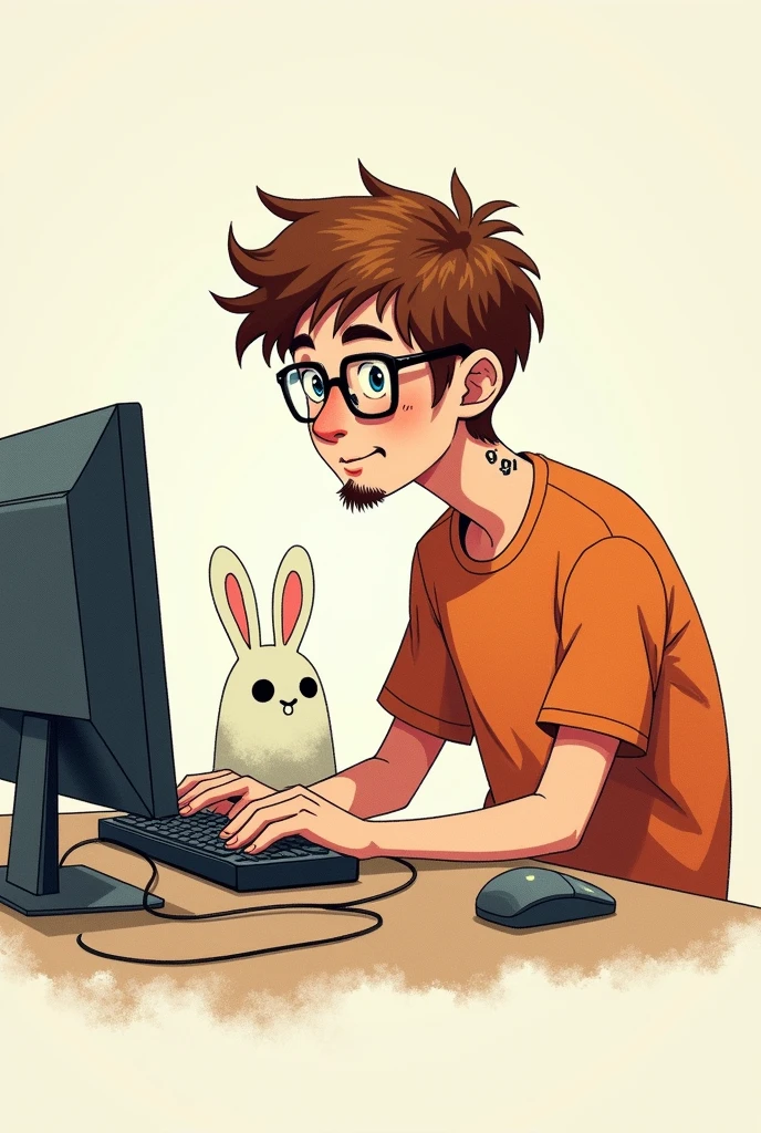 A game guy doing live on the computer, offwhite, chestnut hair, nose a little big, sem beard, Youngh, appearance of with 1 small and unique tattoo on the neck written " GN9 ", and with the ghost RABBIT by your side as your pet. make paper drawing style