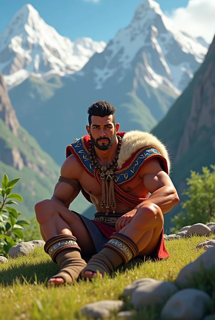 Animated Peruvian Inca warrior doing sit-ups on the floor in his Inca attire