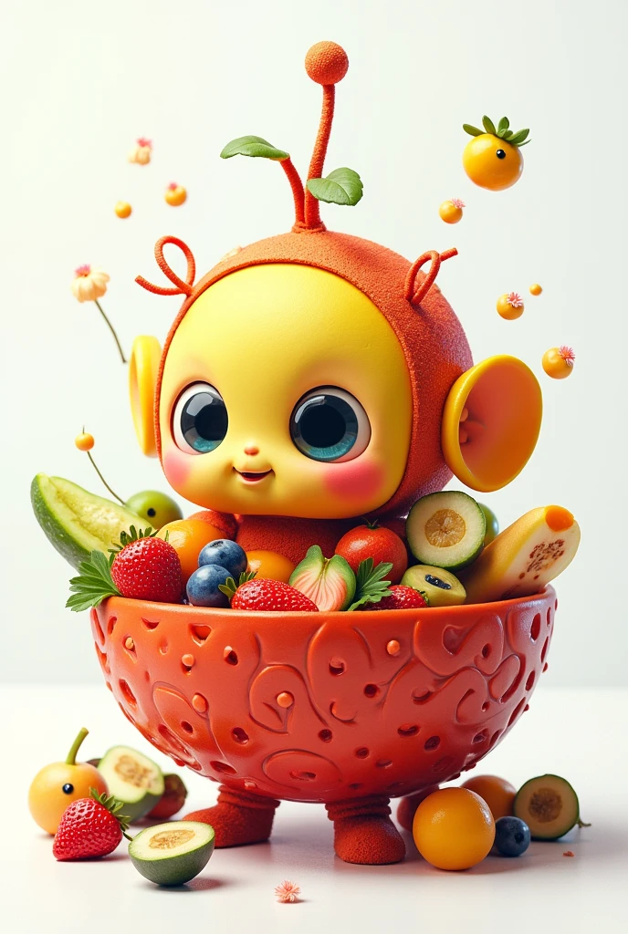 Exotic teletubbie-like bababoi with food on white background