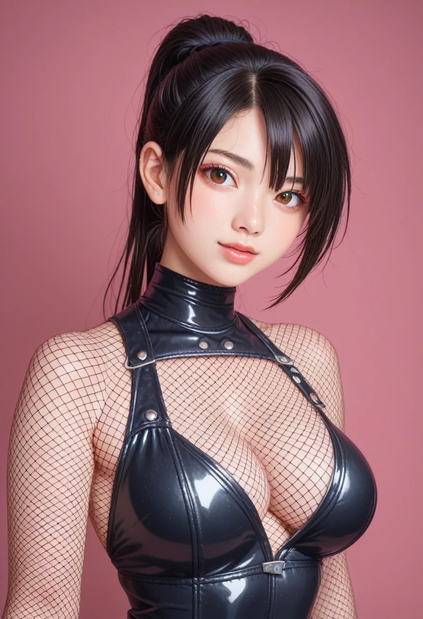 score_9,score_8_up,score_7_up,(pastel-color),(high brightness colors),Cute 20-year-old Japanese 1 girl,solo,(8k, masterpiece, ultra-detailed, best quality, ultra high res, newest, very aesthetic, absurdres, illustration, perfect composition),(hires),looking at viewer,black hair,shiny skin,fair skin,(upper body:1.5),toothless smilev,emphasizing her curvy body and large ,(ninja:1.5),(fishnet-bodysuit:1.3),