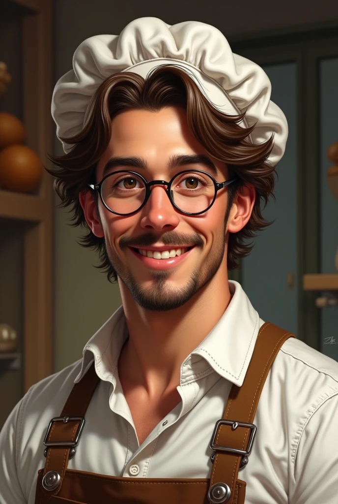 A drawing of an 1800's Italian baker with a mustache, baker's hat, Simple, happy, that gives confidence and smiles with the eyes, kind and sincere smile, He cares about people and is very empathetic and with traditional Italian beauty, brown and wavy hair, Wear very nice glasses. Make it as real as possible and have a more natural expression but with about 32 years